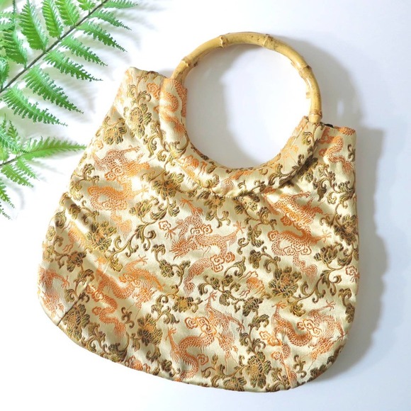 Vintage Handbags - Y2K Satin Brocade Asian Dragon Top Handle Bag